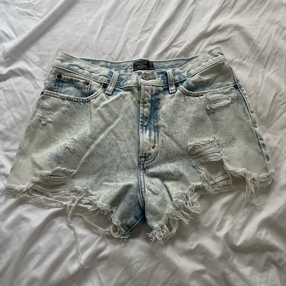 Abercrombie high waisted ripped mom jean shorts, acid / bleach wash